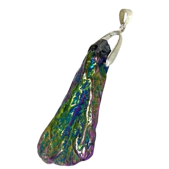 Handcrafted Rainbow Iridescent Blue Green Purple Titanium Coat Quartz 3" Pendant - Picture 2 of 6
